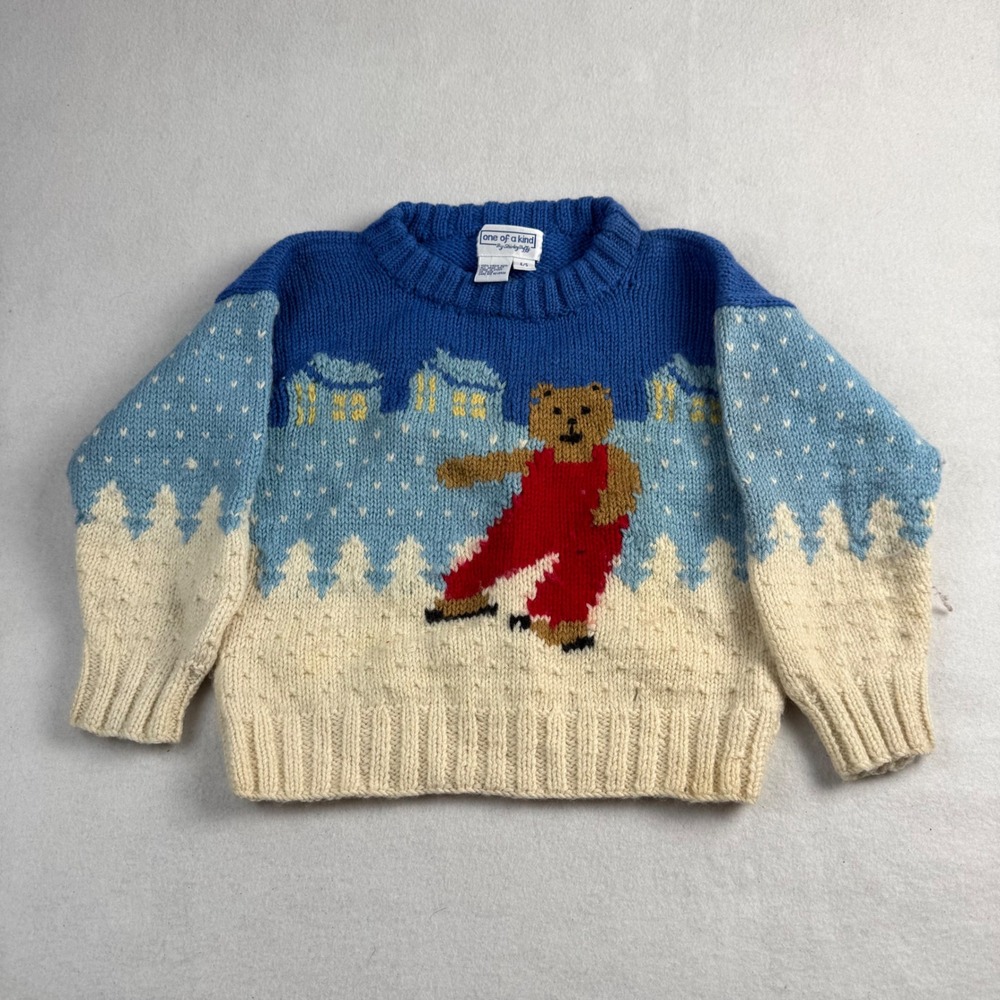 One of a Kind Shirley Duffy Vintage Kids Wool Sweater Ice Skating Bear Blue 4/5‎